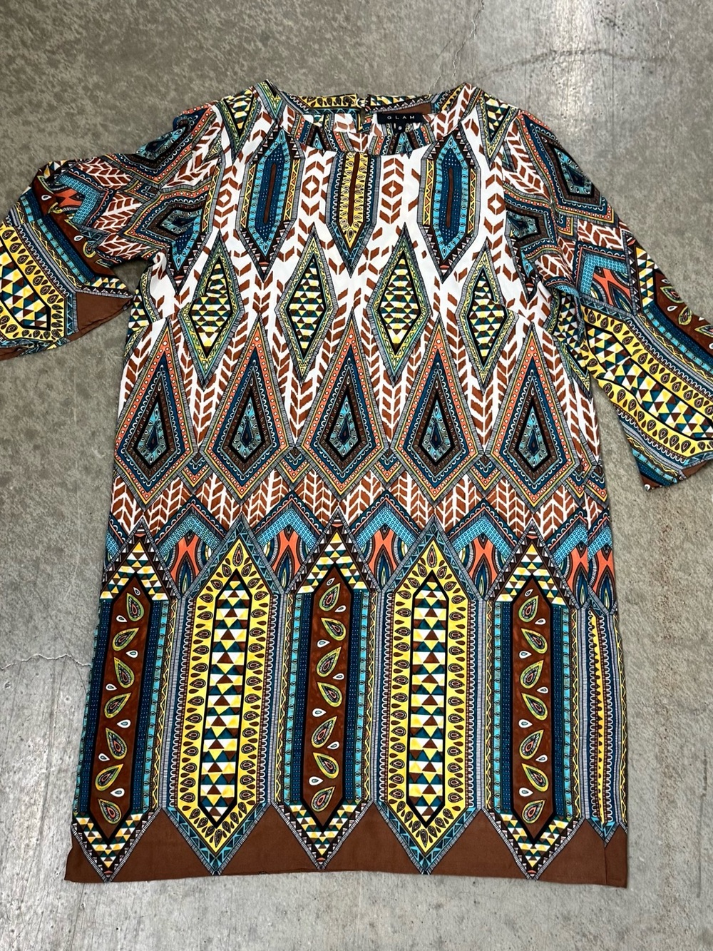 glam Multicolor Geometric Print Tunic Dress - Brown, Yellow, Blue, Teal